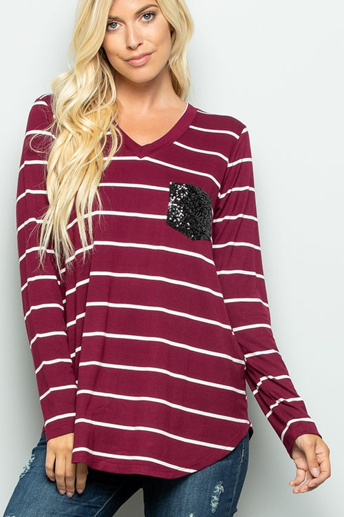 Stripped Long Sleeve Pocket Top