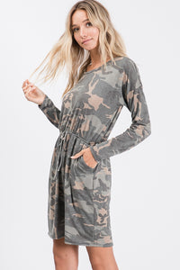 Long sleeve camp print mini dress