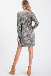 Long sleeve camp print mini dress